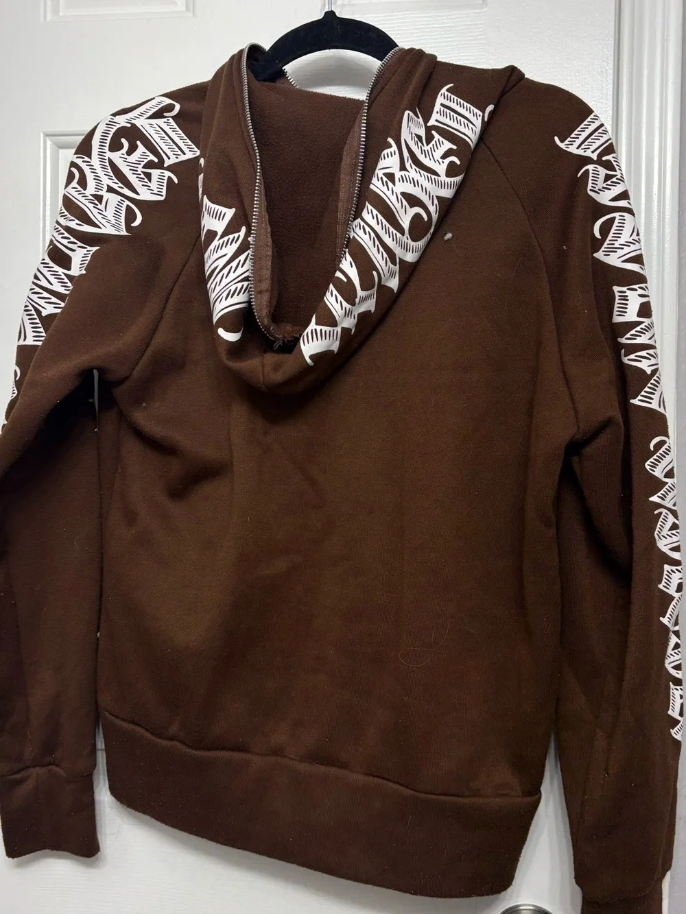 Men's Brown Zip-Up Hoodie with White Sleeve Graphics